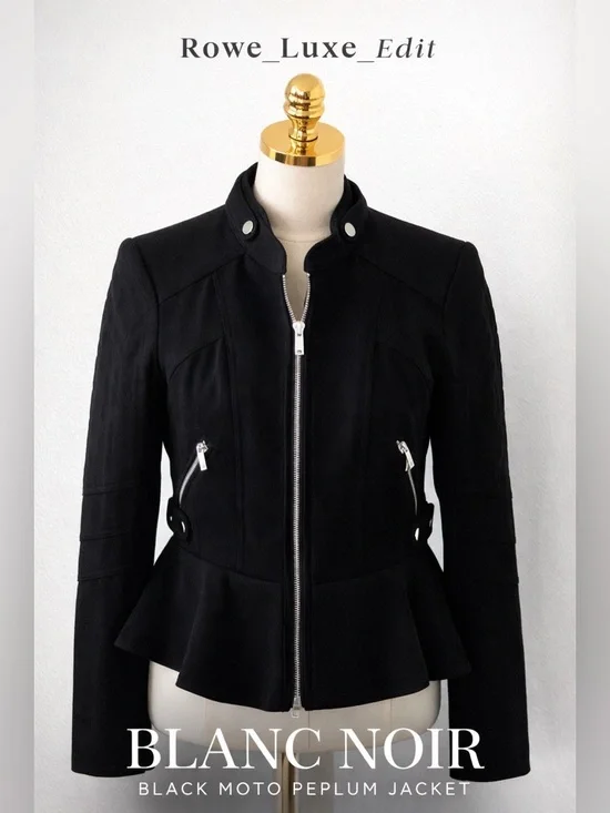 Blanc Noir Black Moto Jacket Peplum Zip Front Fitted Size M Chic - Picture 2 of 14